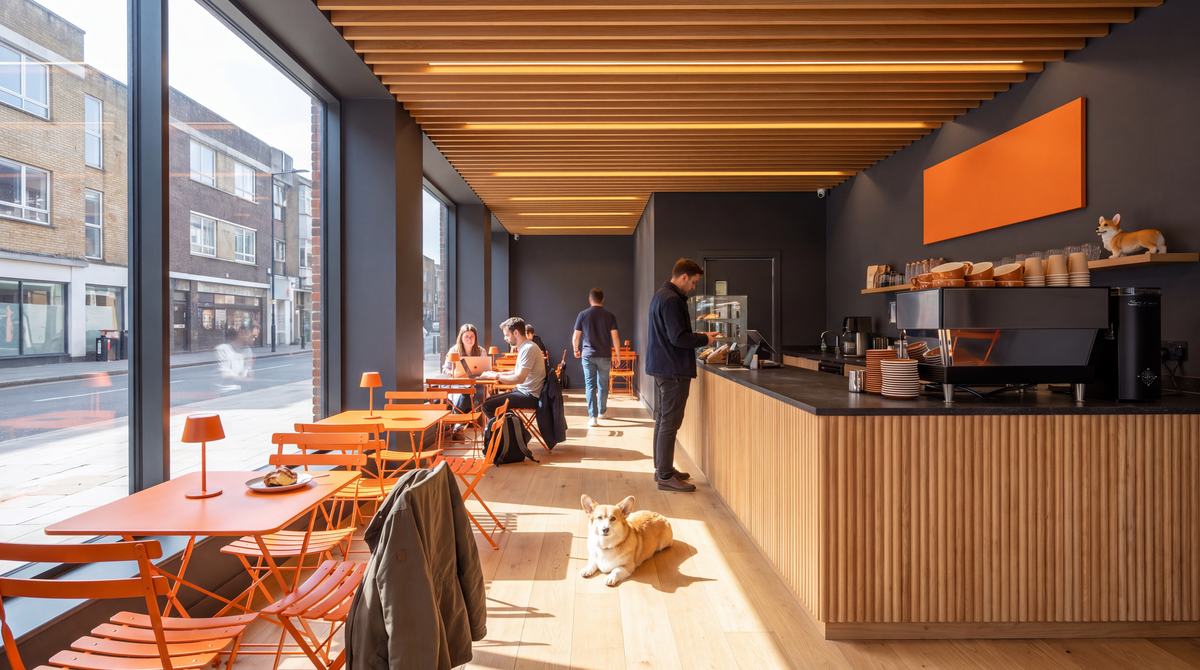 Inside a Corgi Cafe location: counter, espresso bar and seating