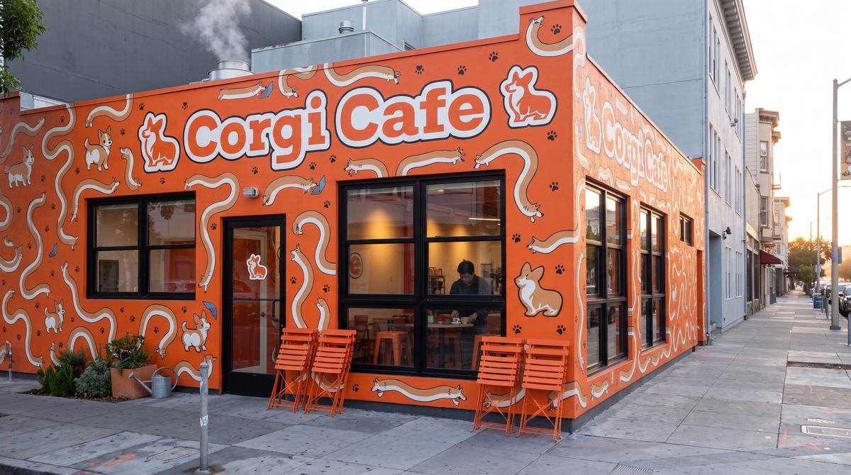 Corner storefront at evening with guests