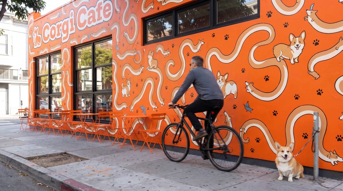 Cyclist passing the mural, corgi waiting