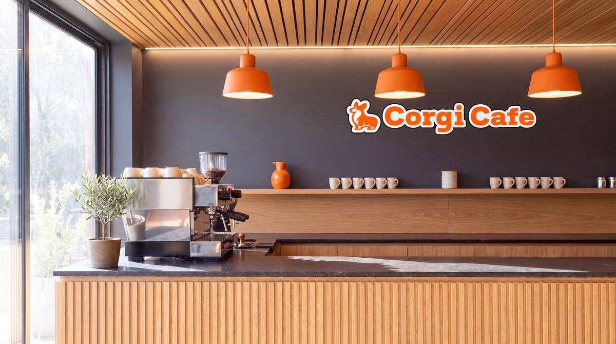 Espresso bar under the Corgi Cafe band