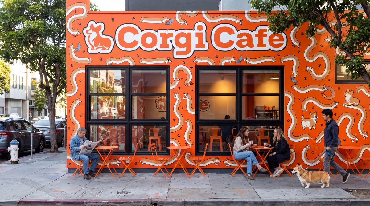 Mural storefront with people and corgis