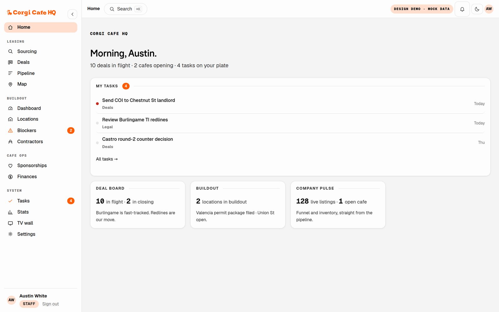 Corgi Cafe HQ home screen: tasks, deal board, buildout and company pulse