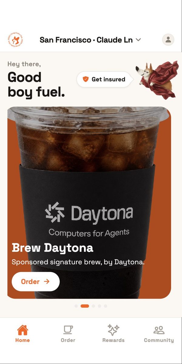 Corgi app home with sponsored drink carousel