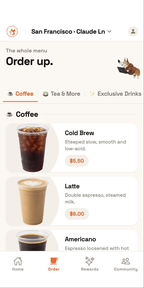 Corgi app menu and ordering