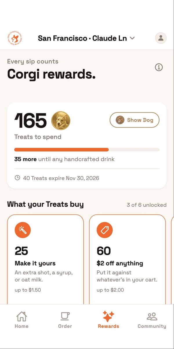 Corgi Rewards screen in the customer app