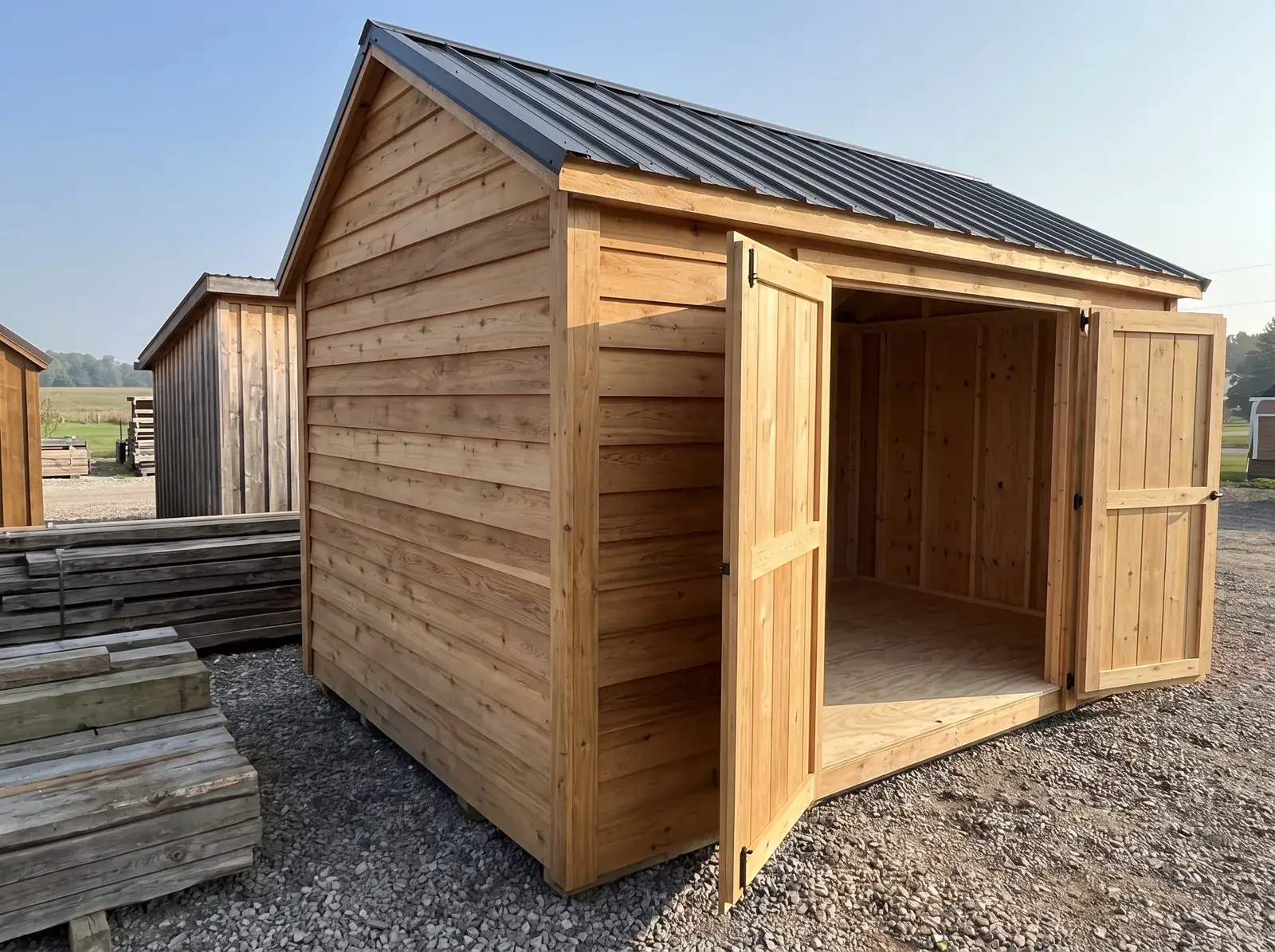 An Amish-built custom shed in solid hemlock with a steel roof