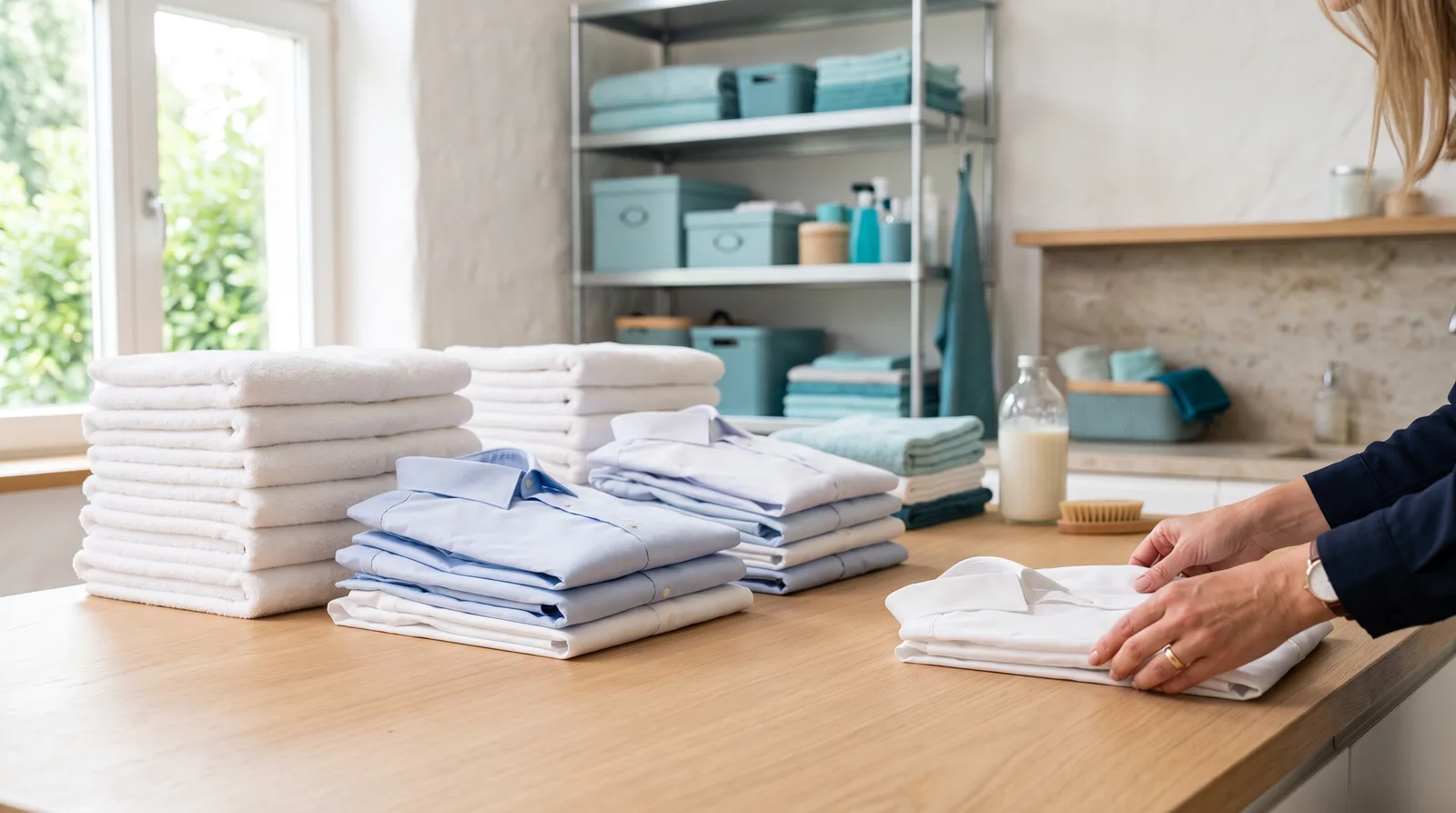 Freshly folded laundry in a clean San Juan wash and fold facility