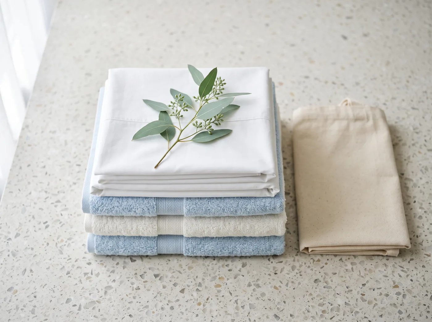 Neatly folded laundry stacked and bagged