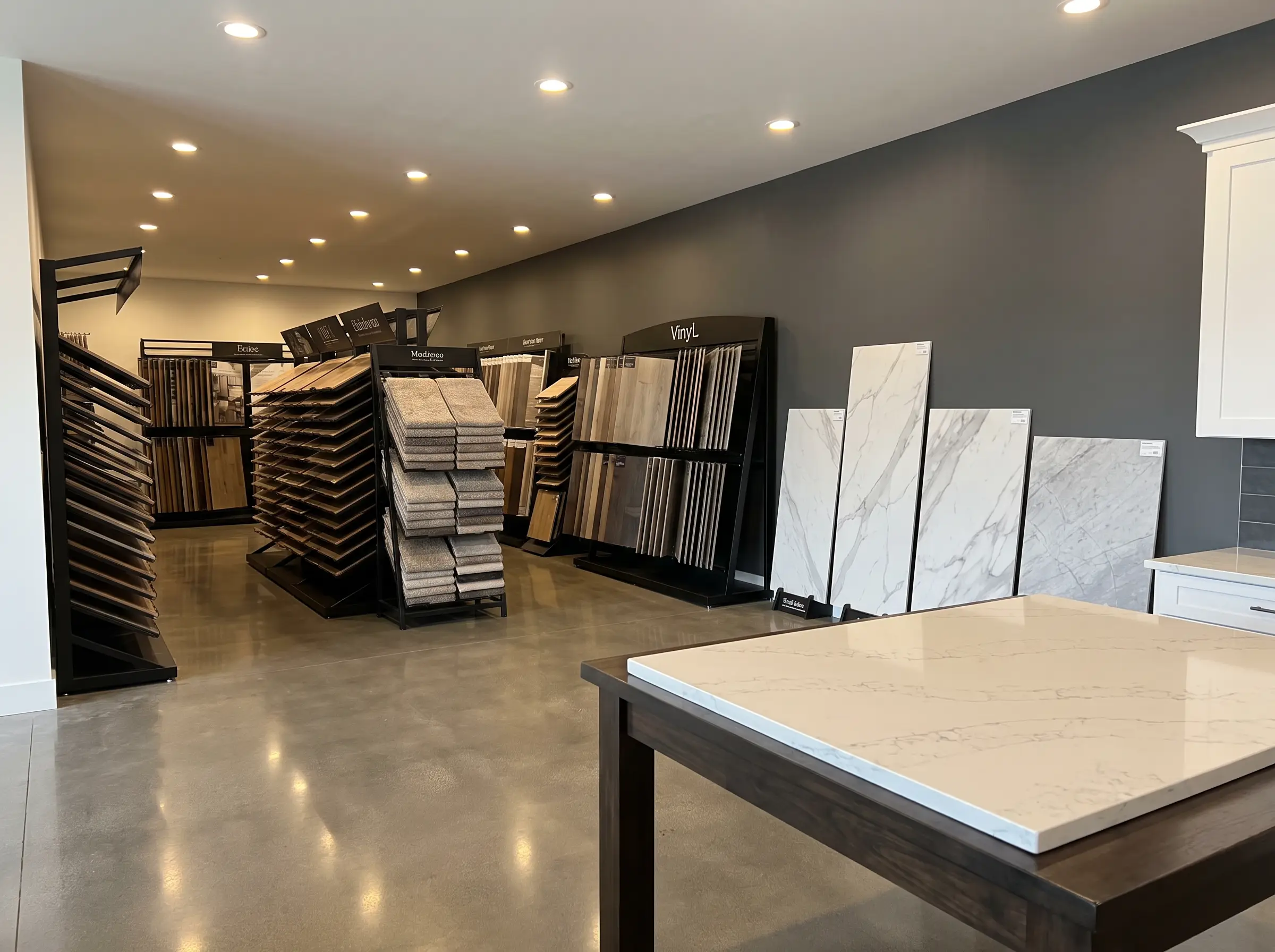 Flooring and design showroom with hardwood, tile and stone samples