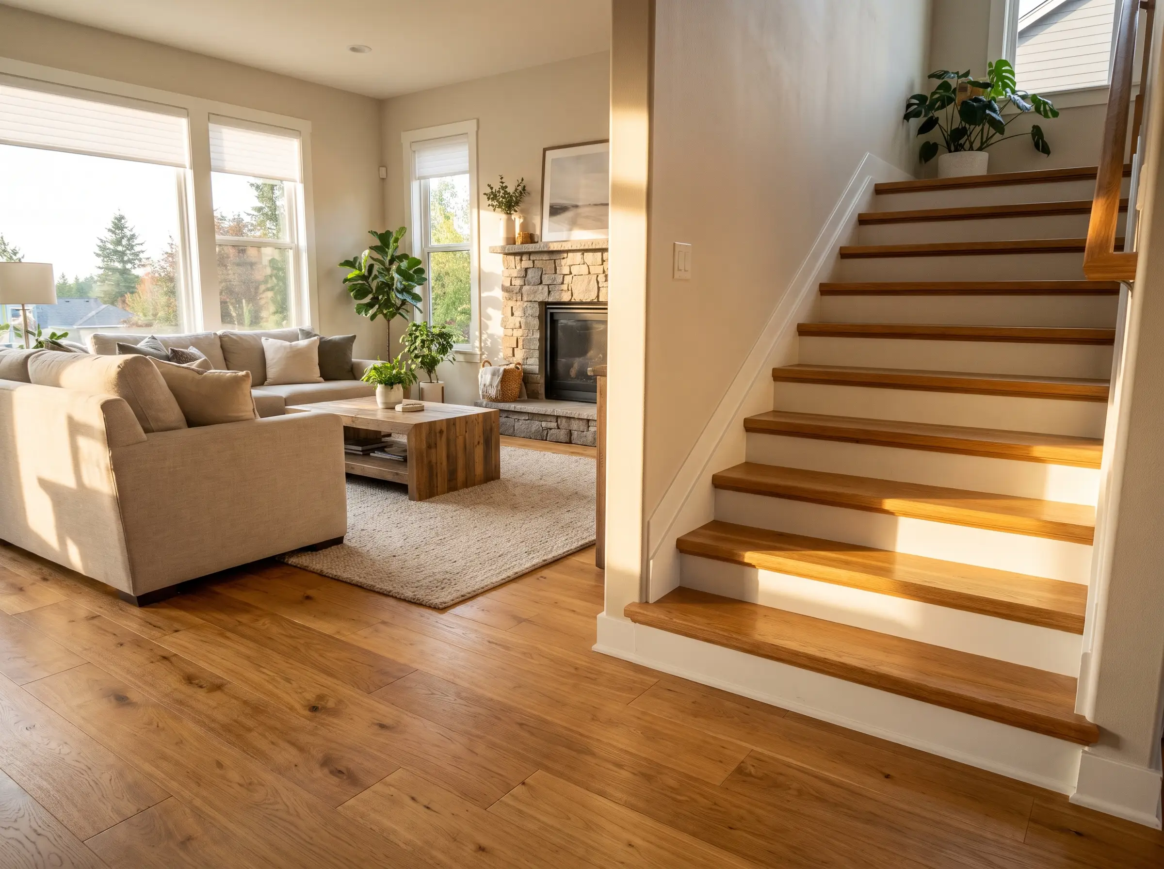 New wide-plank hardwood floor continuing up a staircase